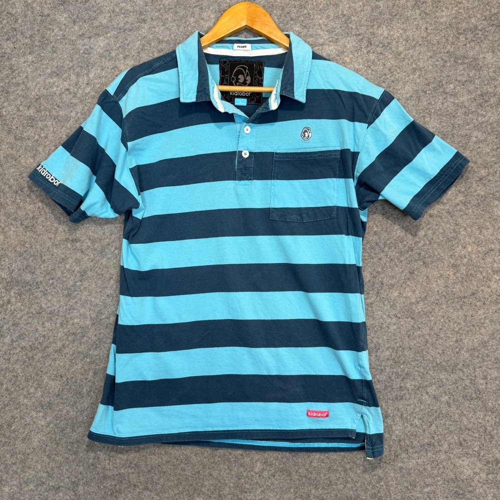 Kidrobot Striped Jersey Polo Shirt Adult Large (fits like small) Blue Button Tee